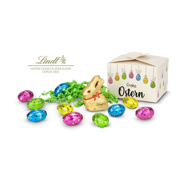 Buntes Lindt Osternest - Lindt-Osterhase mit 10 Eiern, auch in individueller Pralinenschachtel